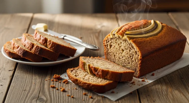 freshly-baked-banana-bread-loaf-sliced-and-served-on-a-rustic-wooden-table
