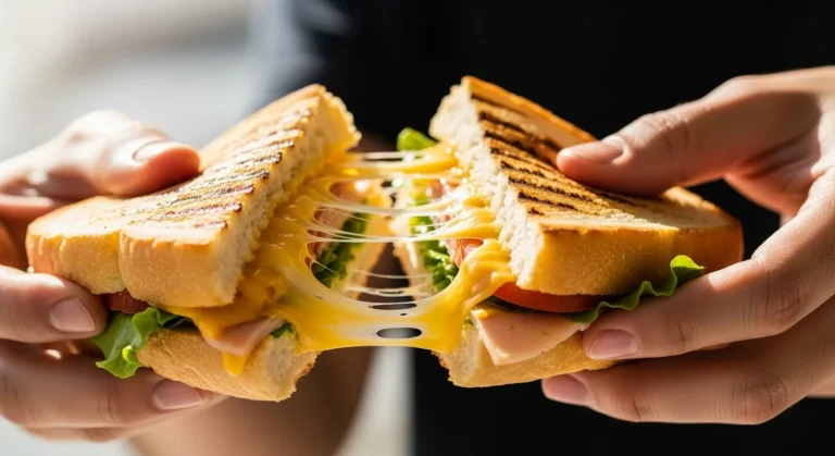 Hands-pulling-apart-toasted-egg-and-cheese-sandwich-with-cheese-stretch