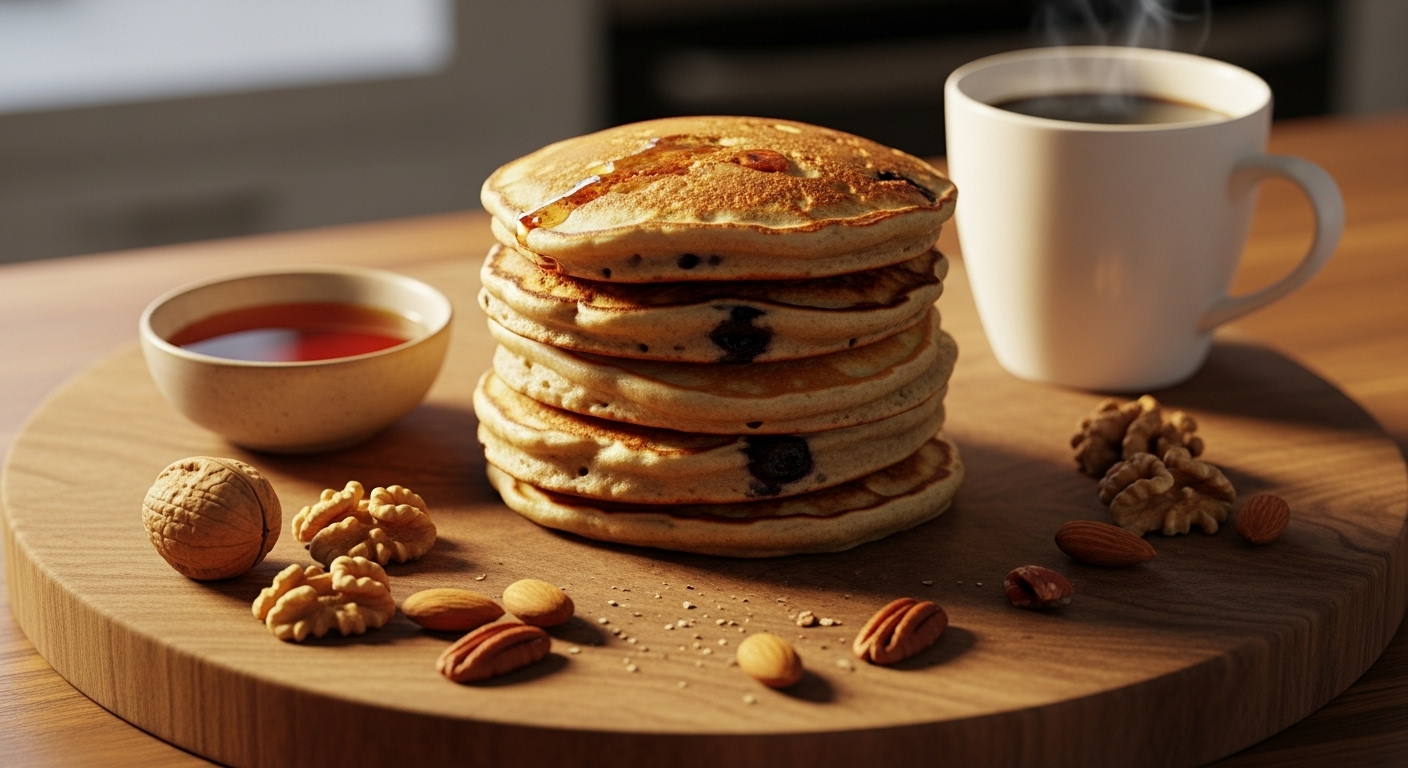 rustic-breakfast-table-with-protein-pancakes-syrup-nuts-and-coffee