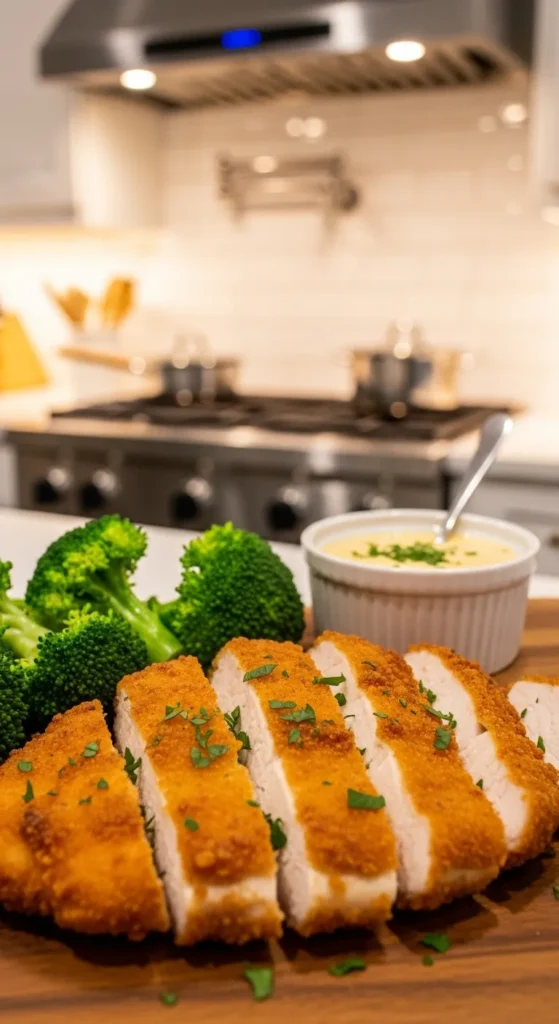 Sliced-breaded-chicken-sauce-broccoli