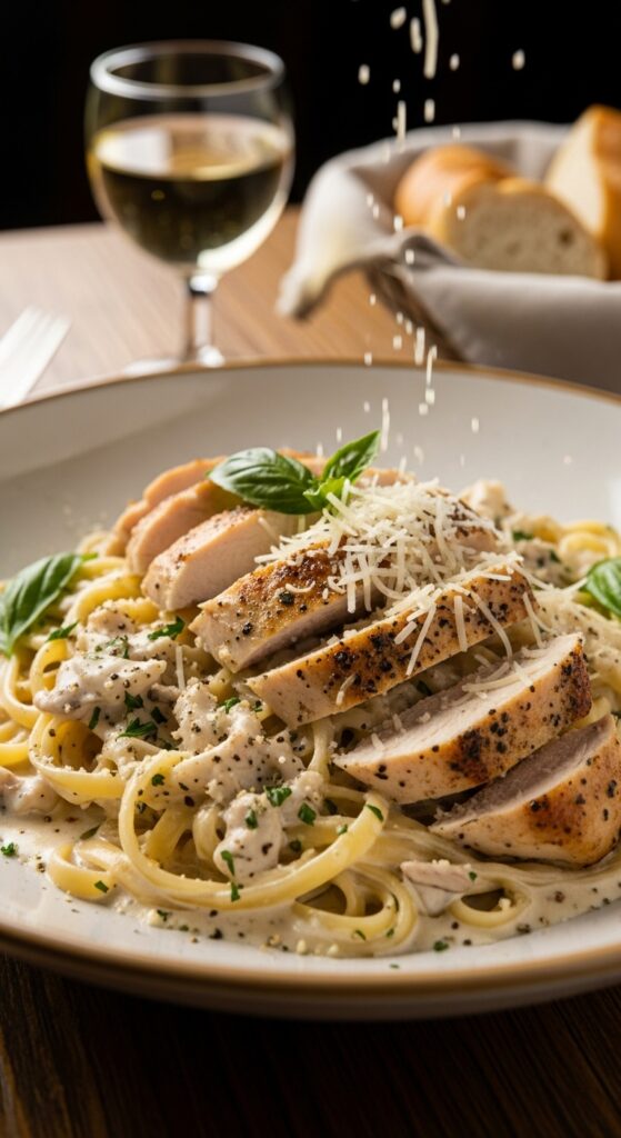 Sliced-chicken-pasta-cheese-sprinkled