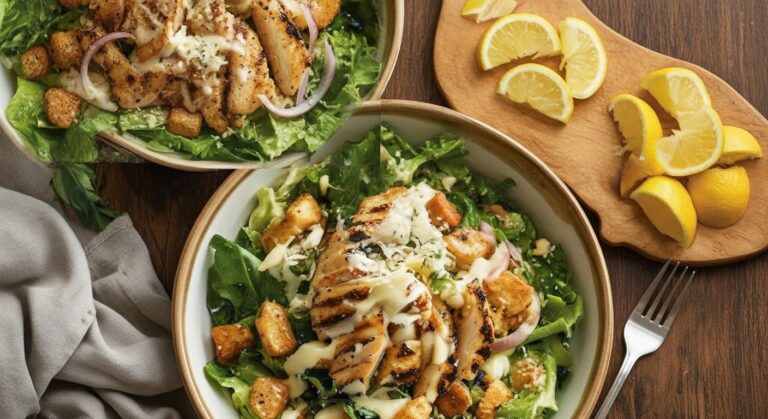 Overhead view of two bowls of grilled Chicken Caesar Salad with red onions, croutons, and a cutting board of lemon wedges.