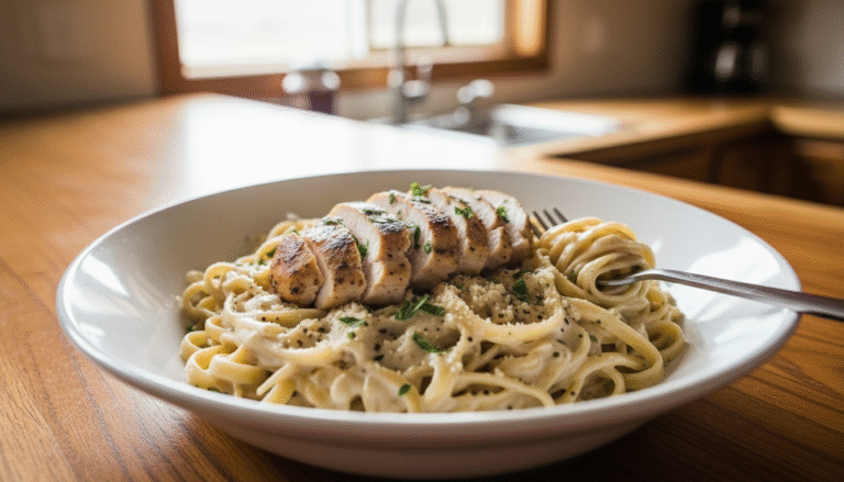 Creamy-fettuccine-chicken-mushrooms-served