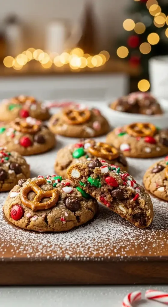 Festive Christmas kitchen sink cookies loaded with chocolate and toppings