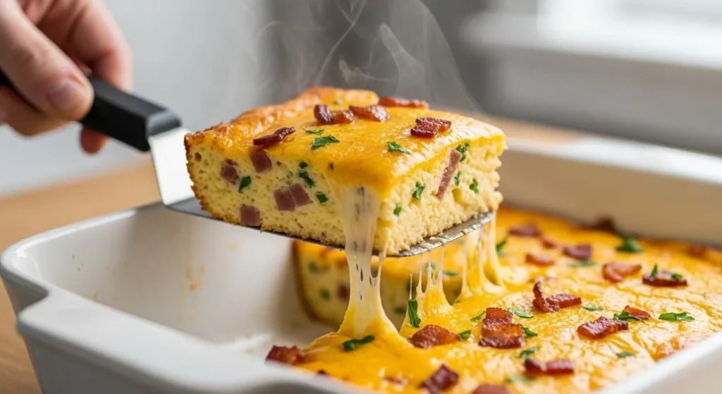 Close-up-of-one-slice-of-keto-breakfast-casserole-on-a-plate-with-fork