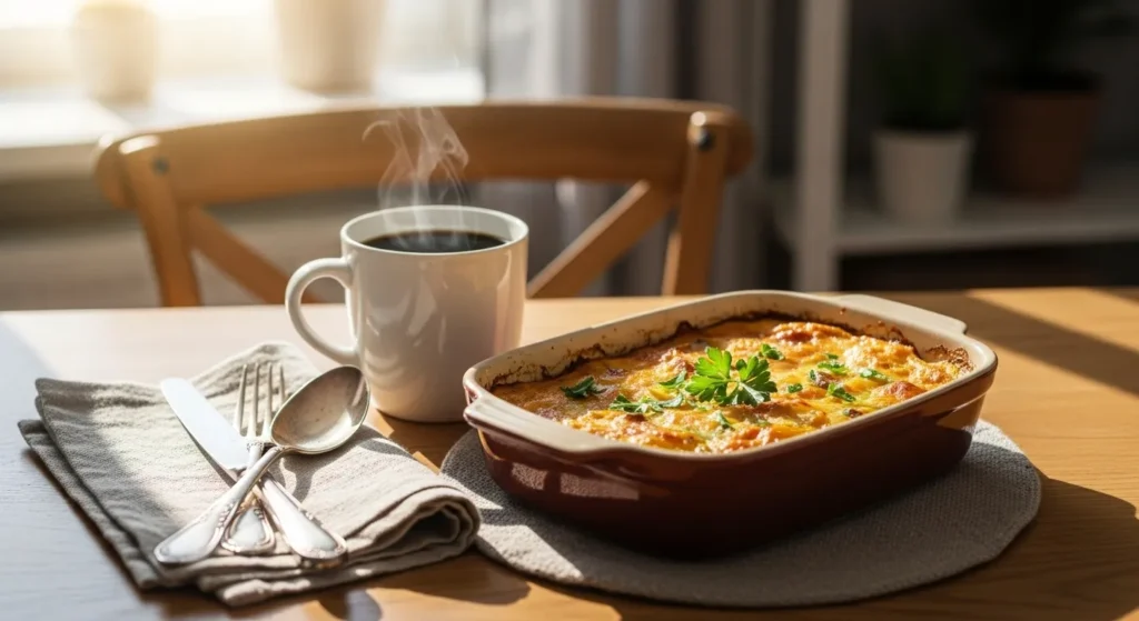 Lifestyle-breakfast-setup-with-keto-casserole-and-coffee-on-a-cozy-table