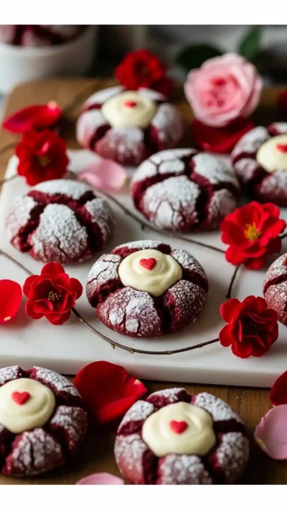 homemade-valentines-day-red-velvet-blossoms-cookies-on-a-serving-plate
