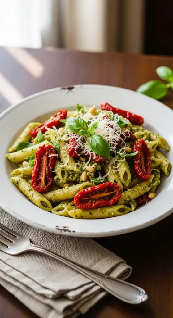 pesto-pasta-recipe-with-sun-dried-tomato-twist